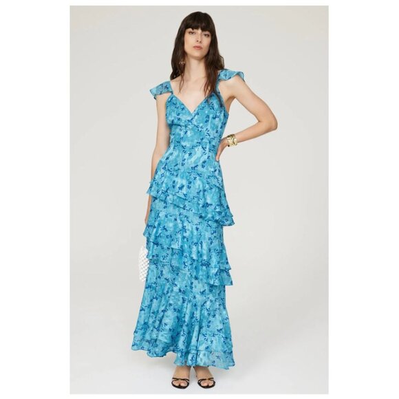 HUTCH Miah Gown Tiered Sleeveless Sheer Lined Maxi Surplice Blue Floral 12 - Picture 1 of 15